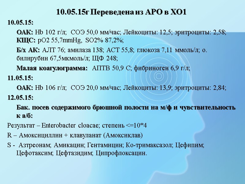 10.05.15г Переведена из АРО в ХО1 10.05.15:  ОАК: Hb 102 г/л;  СОЭ